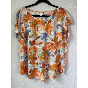 Joie Floral Print Linen Top Women's XL Extra Large Short Sleeve